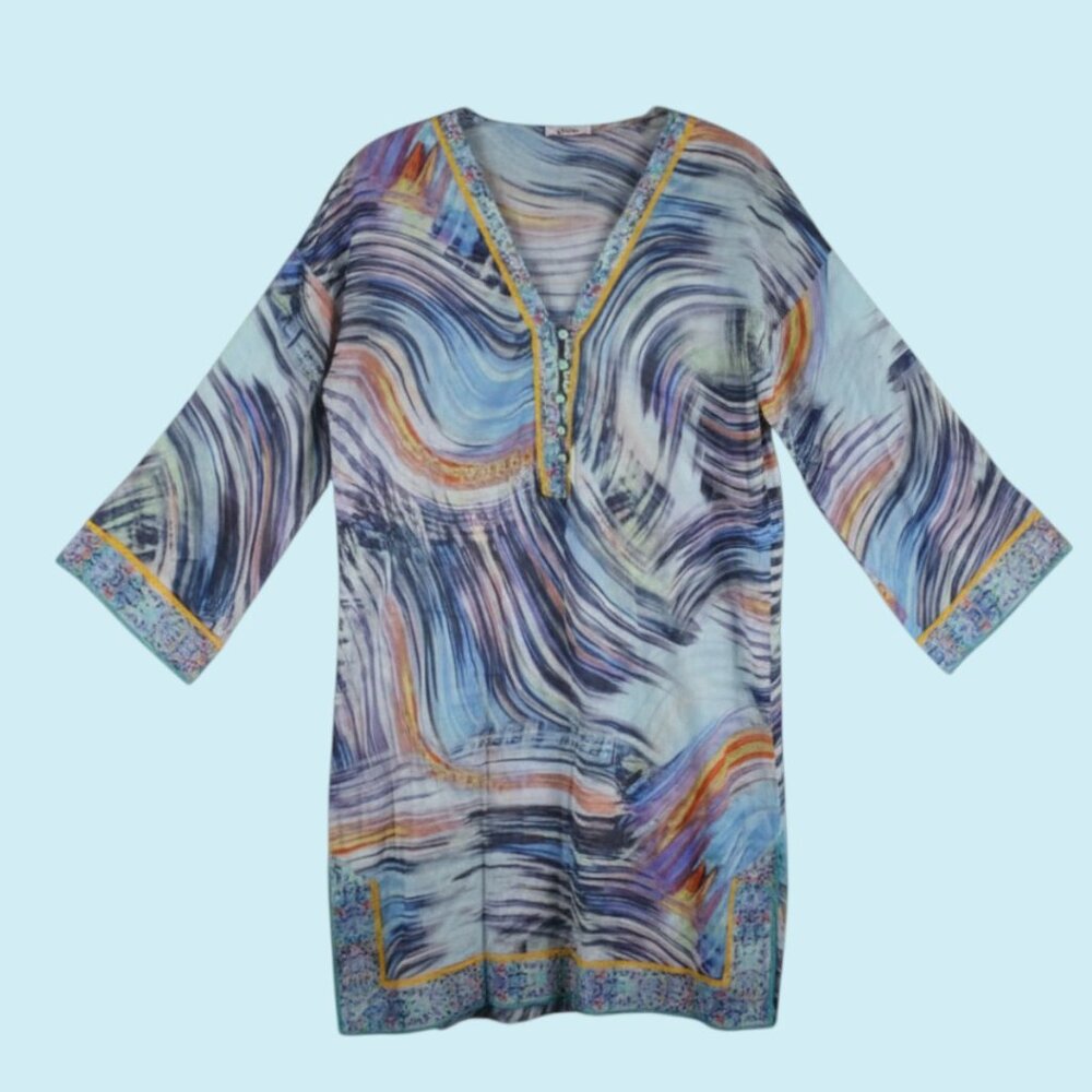 Eres Printed Mini Dress Women's Size Medium Blue Shift 3/4 Sleeve V-neck Tunic - Picture 2 of 10